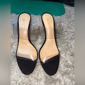 SCHUTZ Black Clear Strap Slide Heels
